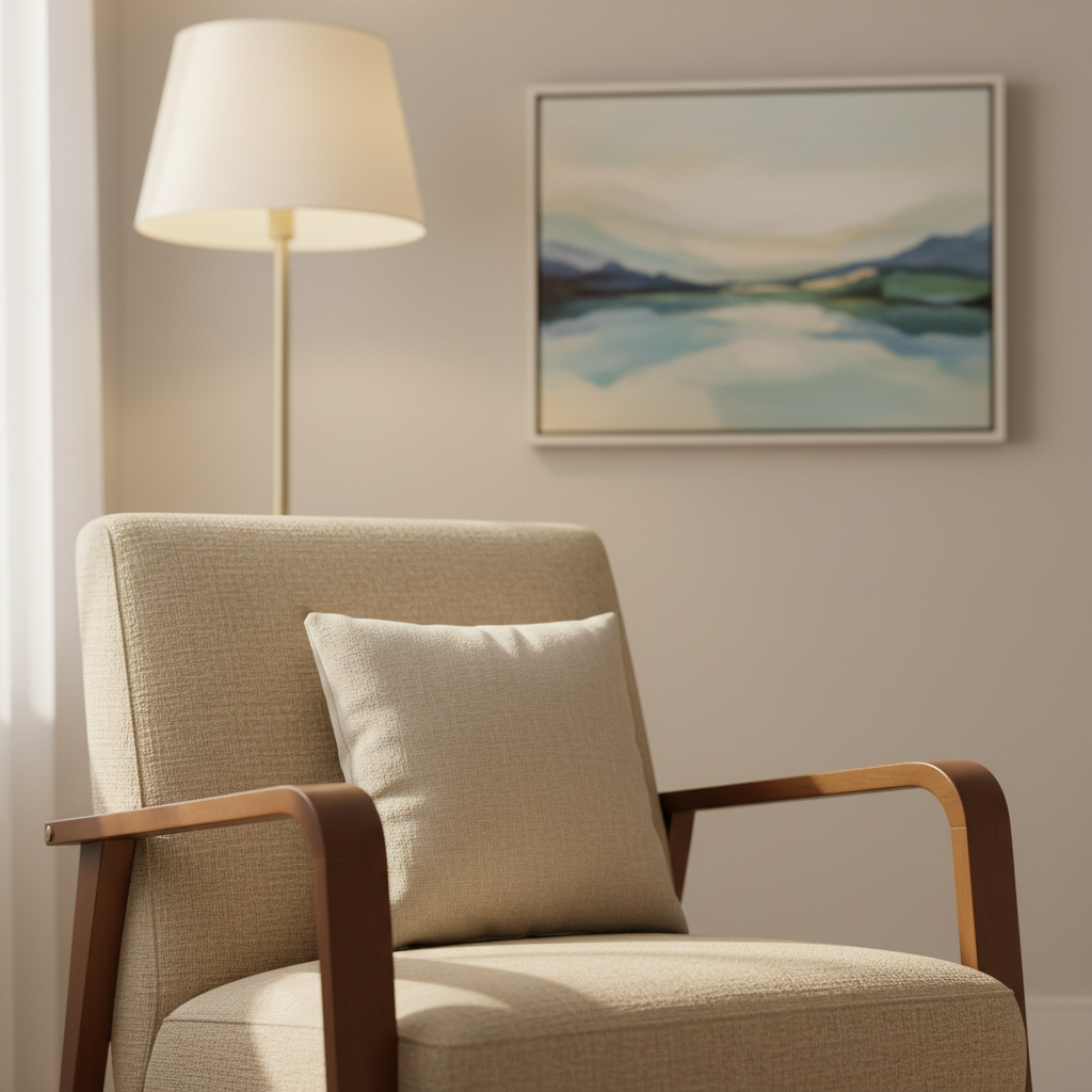 A close-up, photographic portrait-style image of an empty therapist’s chair, a high-quality sand-beige fabric armchair with smooth wooden armrests and a small linen cushion, positioned slightly angled toward the viewer. Behind it, a softly blurred background reveals a minimalist therapy office with pale walls, a framed abstract landscape in soft blues and greens, and a slender floor lamp with a warm fabric shade. Natural morning light streams from an unseen side window, creating gentle highlights on the chair’s texture and a subtle halo of light around its silhouette. The mood is reassuring, grounded, and professional, captured with shallow depth of field and a clean, modern aesthetic, symbolizing the presence of a psychotherapist without showing any person.