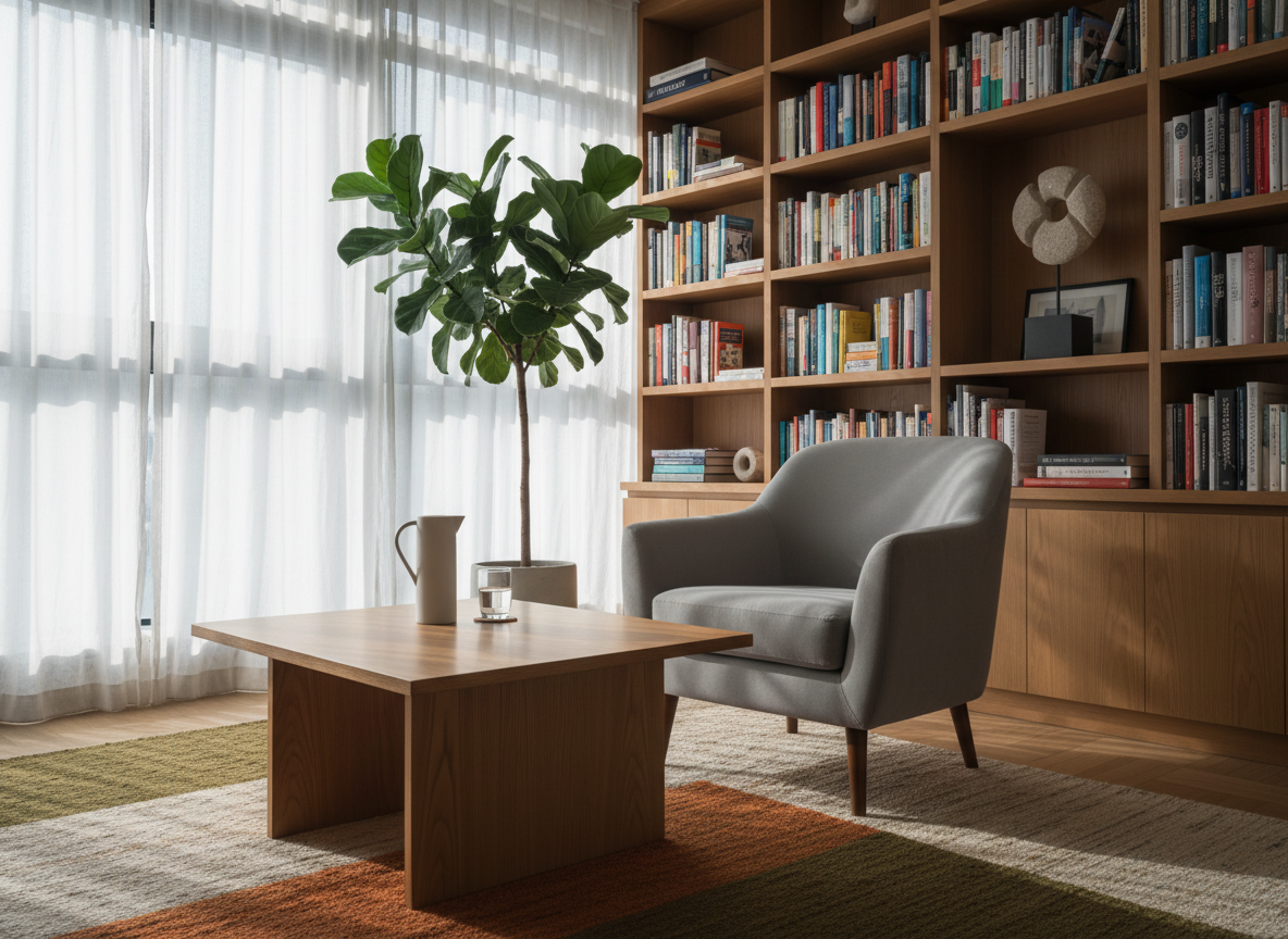 A warmly lit psychotherapy room designed for individual sessions, featuring a soft gray upholstered armchair facing a low oak coffee table with a ceramic water carafe and glass. A textured wool rug in muted earth tones anchors the seating area, while a tall plant with deep green leaves softens the corner near a large window. Gentle afternoon light filters through sheer white curtains, creating calm, diffused illumination and soft shadows. Bookshelves with neatly arranged titles and a few abstract stone sculptures line the back wall. Photographic realism, eye-level composition with a moderate depth of field, conveying a professional, safe, and inviting atmosphere without any people present, ideal for a psychotherapy practice homepage.